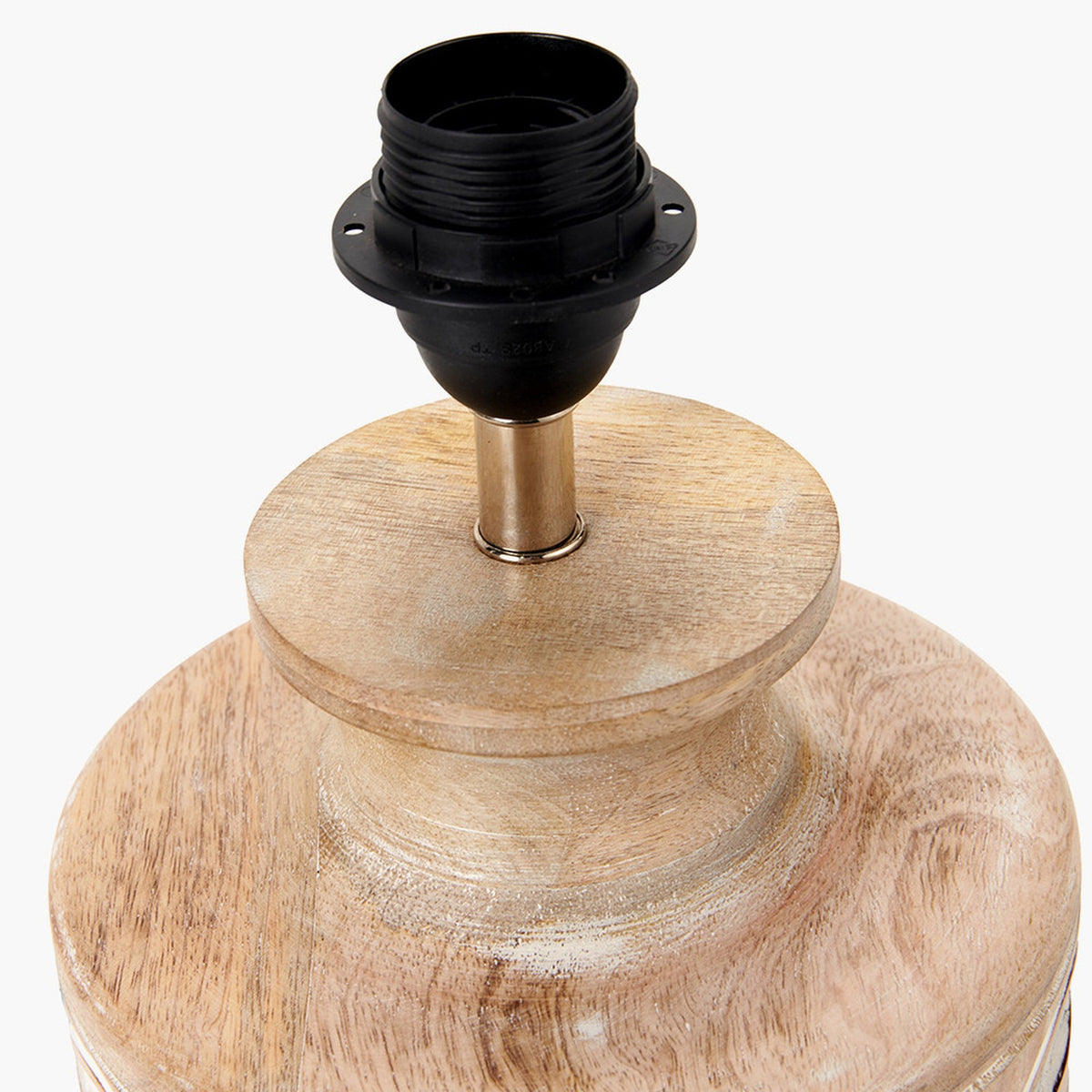 Kingsbury White Wash Carved Wood Table Lamp Base showing close-up of black E27 fitting with brass neck on turned wooden base, plain white background.