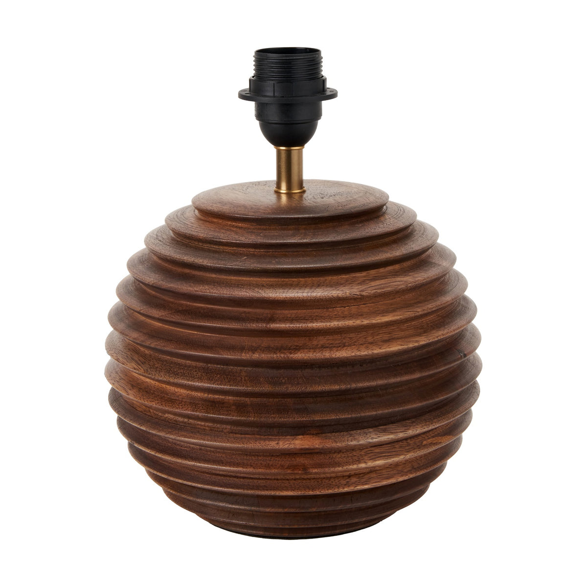 Pembury Brown Wash Turned Wood Table Lamp Base, 27cm, with ribbed spherical wood body and black bayonet fitting with brass detail, shown on a white background.