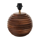Pembury Brown Wash Turned Wood Table Lamp Base, 27cm, with ribbed spherical wood body and black bayonet fitting with brass detail, shown on a white background.