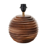 Pembury Brown Wash Turned Wood Table Lamp Base, 27cm, with ribbed spherical wood body and black bulb holder on brass stem, shown on a plain white background.