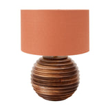 Pembury Brown Wash Turned Wood Table Lamp Base, 27cm, with ribbed spherical wood base and terracotta drum shade, shown on a plain white background.