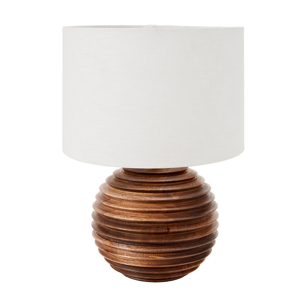 Pembury table lamp base with a ridged, turned wood ball base in brown wash finish, paired with a white drum shade, shown on a plain white background.