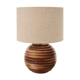 Pembury Brown Wash Turned Wood Table Lamp Base, 27cm, with a ribbed spherical wooden base and natural linen drum shade, shown on a plain white background.