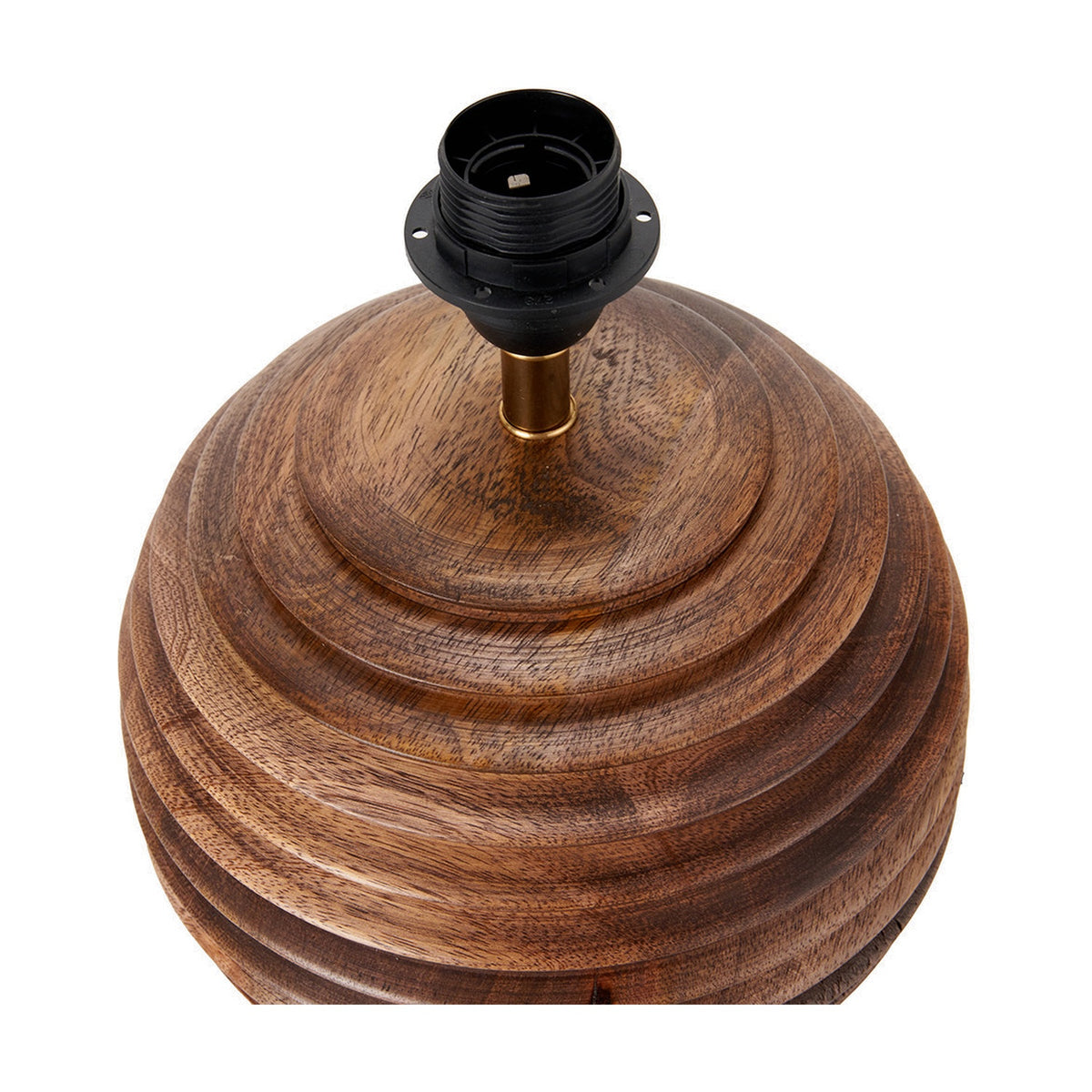 Close-up of the Pembury Brown Wash Turned Wood Table Lamp Base, 27cm, showing ridged wood body and black E27 lampholder with brass fitting on a white background.