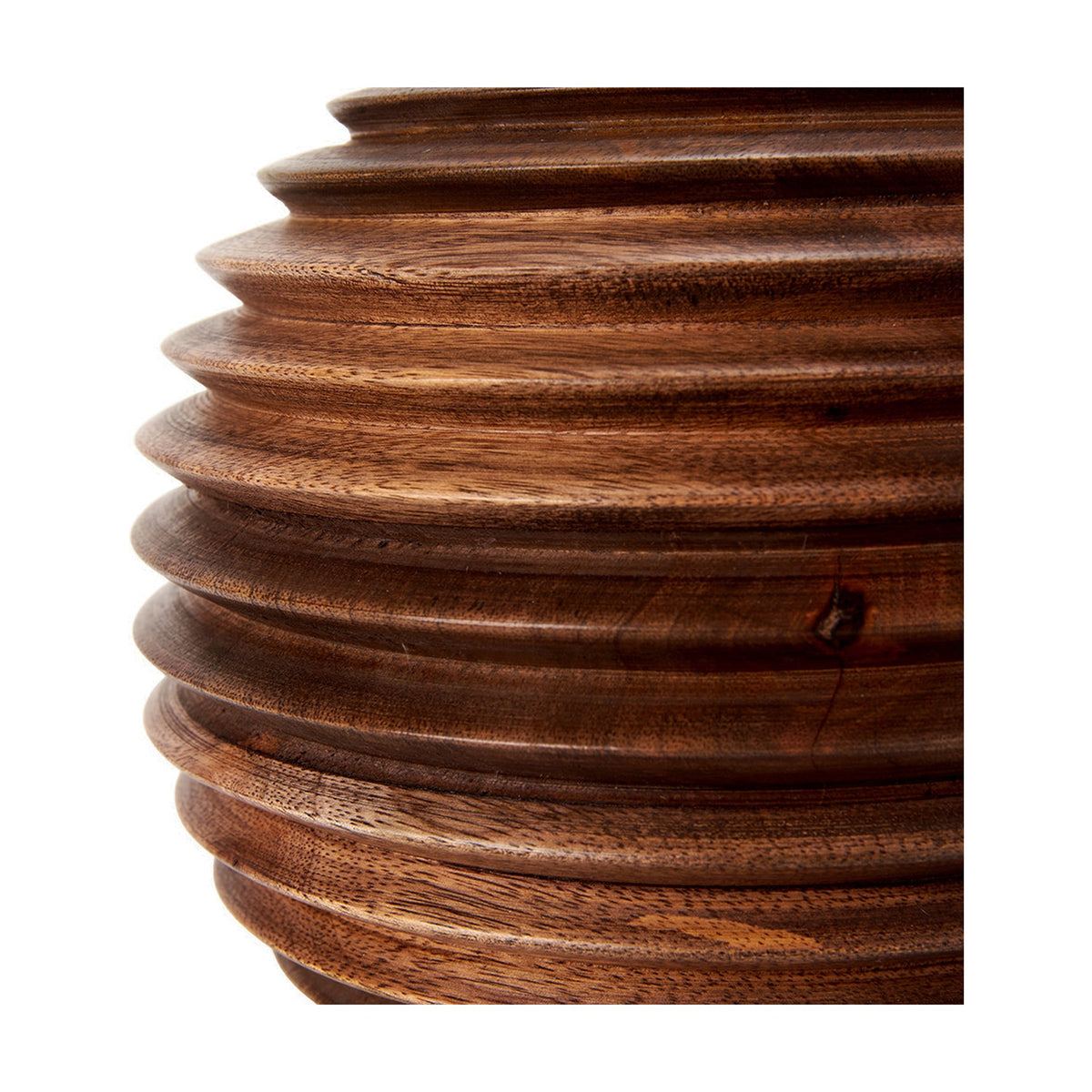 Pembury Brown Wash Turned Wood Table Lamp Base, 27cm, close-up of ribbed disc-stacked wood column in brown finish showing grain detail, on a plain white background.