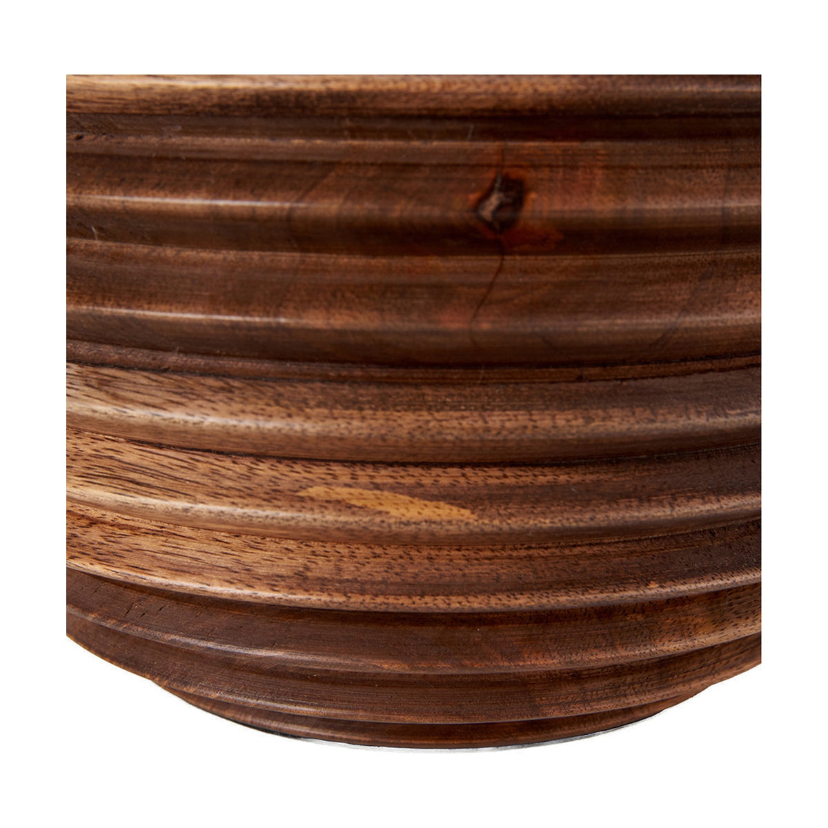 Close-up of the Pembury Brown Wash Turned Wood Table Lamp Base, 27cm, showing ribbed turned wood detailing and a knot in a rich brown finish.