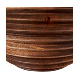 Close-up of the Pembury Brown Wash Turned Wood Table Lamp Base, 27cm, showing ribbed turned wood detailing and a knot in a rich brown finish.