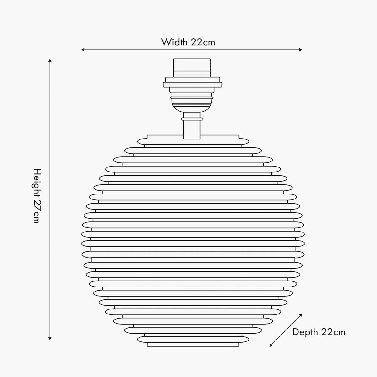 Line drawing of the Pembury Brown Wash Turned Wood Table Lamp Base with a ribbed spherical body and small fitting, labelled 22cm width, 22cm depth and 27cm height.