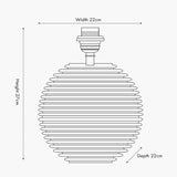 Line drawing of the Pembury Brown Wash Turned Wood Table Lamp Base with a ribbed spherical body and small fitting, labelled 22cm width, 22cm depth and 27cm height.