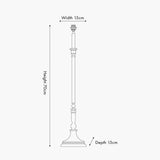 Line drawing of the Canterbury Antique Brass Table Lamp Base showing a turned metal column on a stepped round foot, labelled 70cm height, 15cm width and 15cm depth.