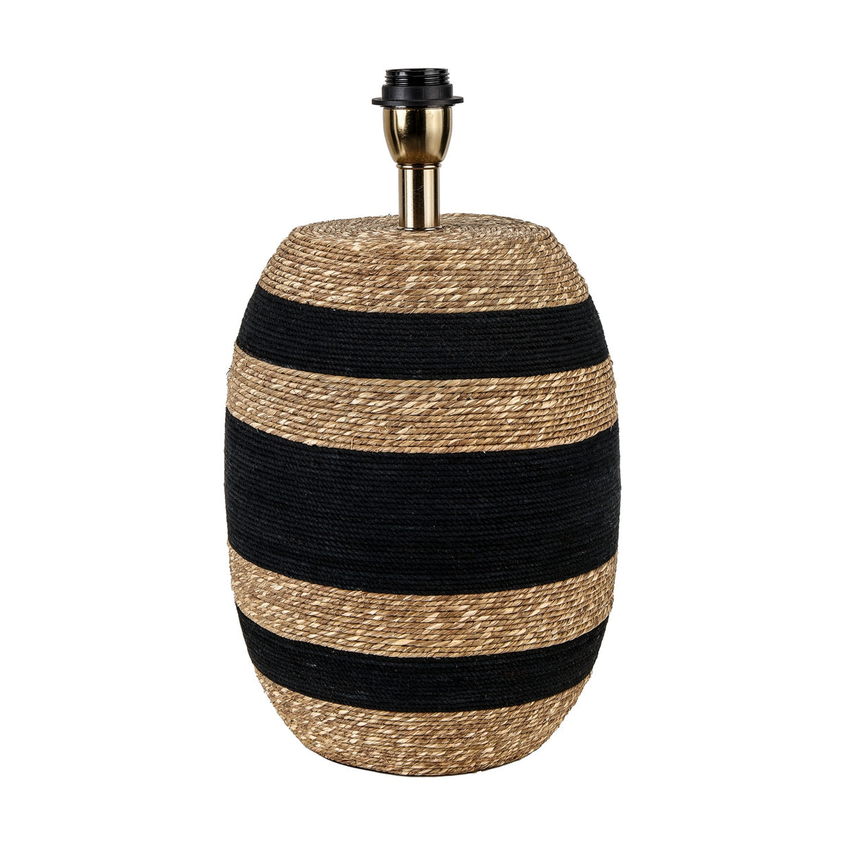 Kalutara table lamp base, 43cm tall, with a barrel-shaped seagrass body in alternating black and natural stripes and a brass-toned bulb fitting, shown against a plain white background.
