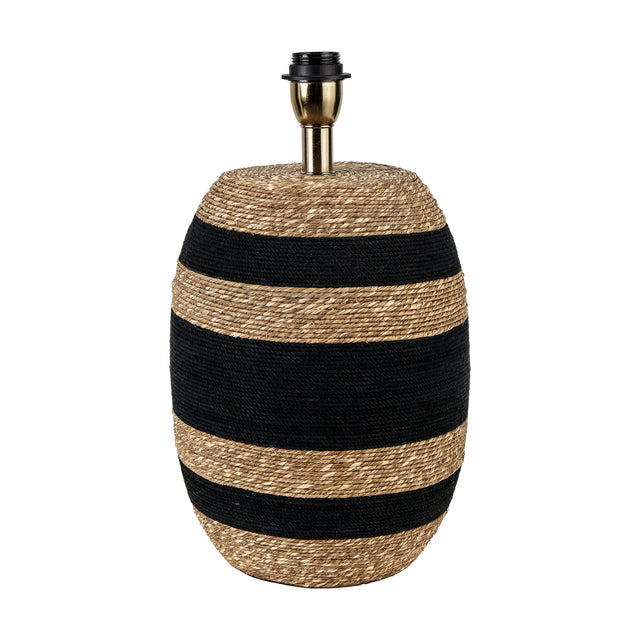 Kalutara table lamp base, 43cm tall, with a barrel-shaped seagrass body in alternating black and natural stripes and a brass-toned bulb fitting, shown against a plain white background.