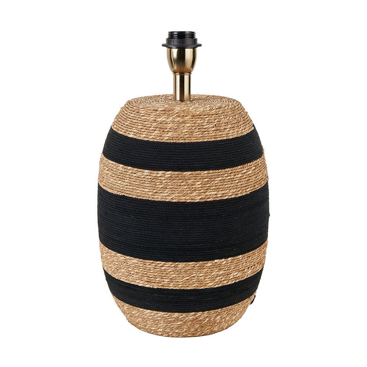 Kalutara tall table lamp base, 43cm, with a barrel-shaped natural sea grass body wrapped in black bands and a brass fitting, shown on a plain white background.