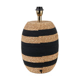 Kalutara tall table lamp base, 43cm, barrel-shaped sea grass wicker body with black and natural stripes, brass fitting, on a plain white background.