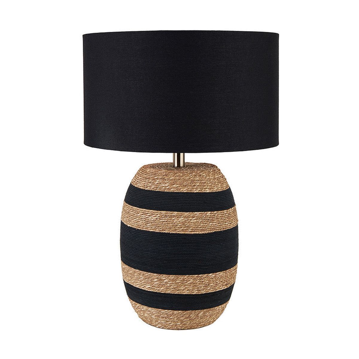 Kalutara table lamp with a rounded sea grass base in alternating black and natural stripes, paired with a black drum shade, shown against a plain white background.