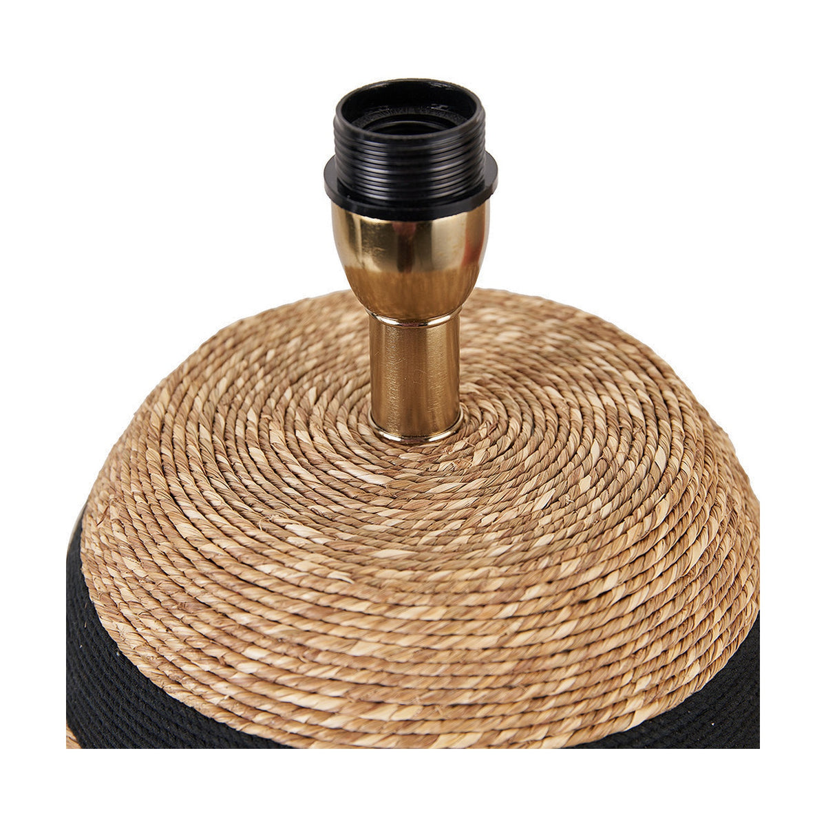 Close-up of the Kalutara Black & Natural Sea Grass Tall Table Lamp Base showing the woven natural sea grass top with brass and black E27 bulb holder, set against a plain white background.