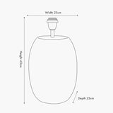 Line drawing of the Kalutara tall table lamp base with dimensions labelled: 25cm width, 25cm depth and 43cm height, on a plain background.