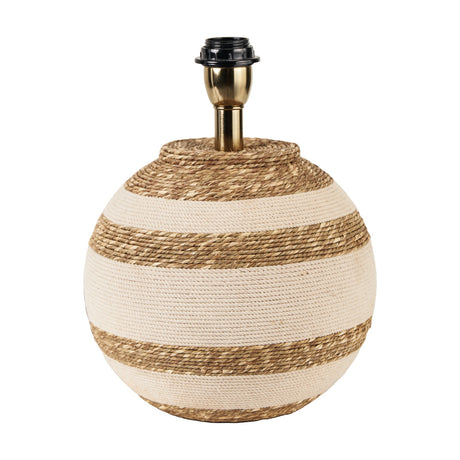 Talalla Beige & Natural Sea Grass Table Lamp Base - 25cm, round woven sea grass body with cream stripes, brass fitting and black bulb holder, on a white background.