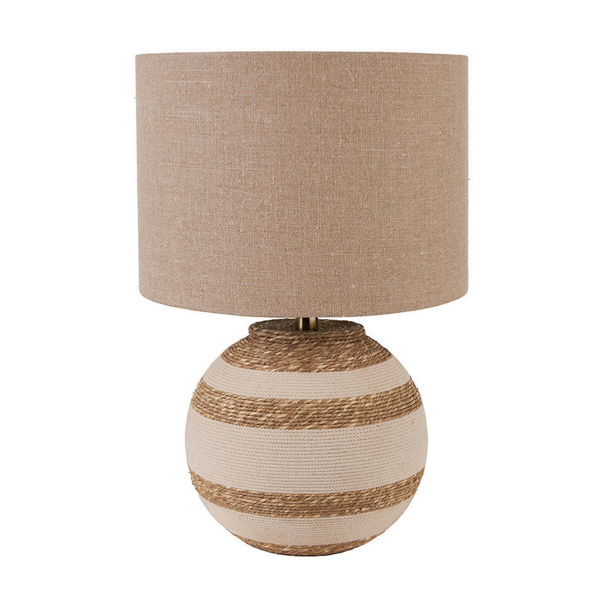 Talalla Table Lamp with round sea grass base in cream and natural stripes, topped with a wide beige linen drum shade, shown on a plain white background.