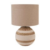 Talalla Table Lamp with round sea grass base in cream and natural stripes, topped with a wide beige linen drum shade, shown on a plain white background.