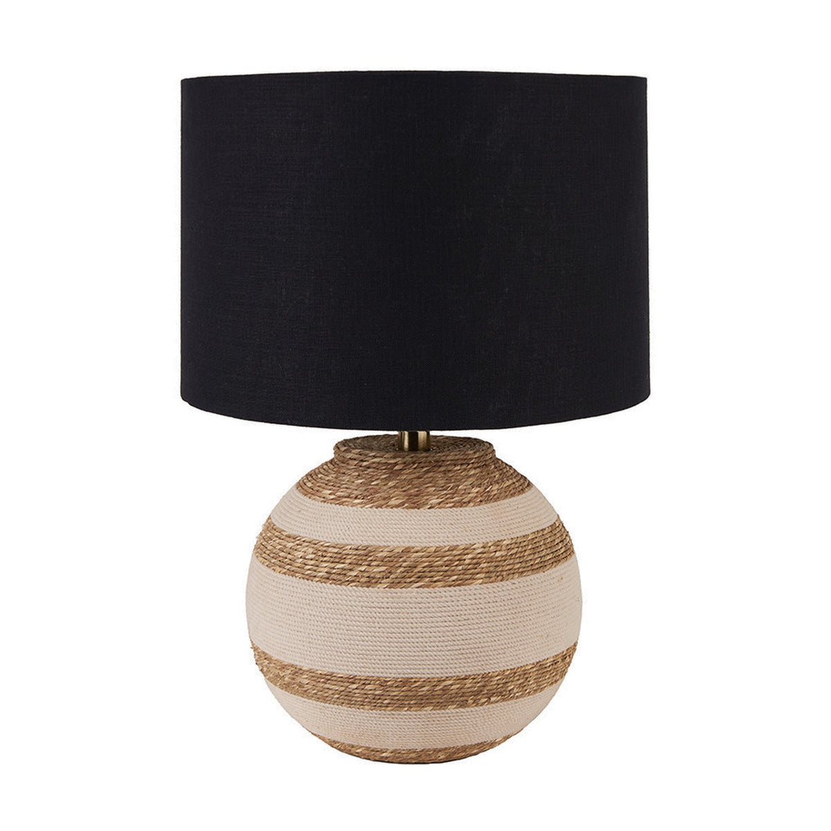 Talalla table lamp with a round beige and natural sea grass striped base, black drum shade, on a plain white background.