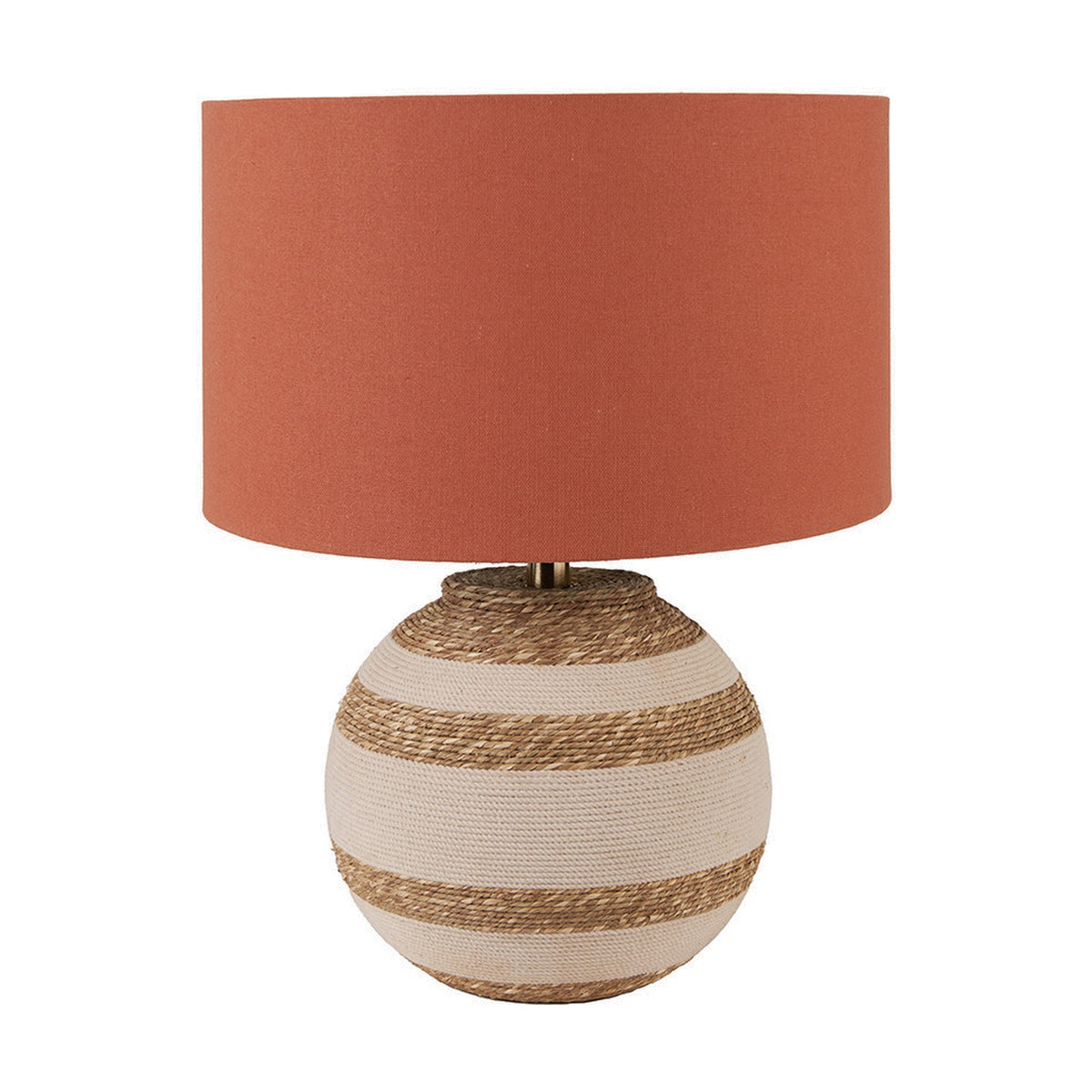 Talalla table lamp with a round striped beige and natural sea grass base and a terracotta drum shade, shown on a plain white background.