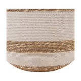 Close-up of the Talalla table lamp base, 25cm, showing woven natural sea grass banding between sections of cream cotton wrapping in a cylindrical form.