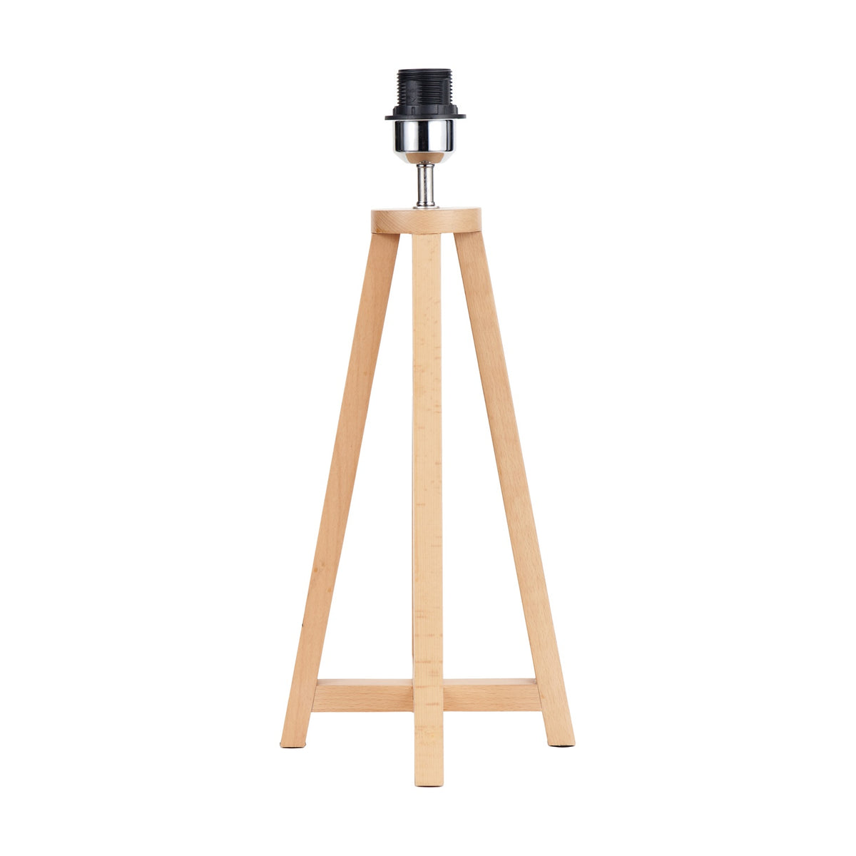 Whitby Wood Tapered 4 Post Table Lamp Base in natural beech, 49cm tall with a four-legged tripod-style frame and chrome bulb holder, shown on a plain white background.