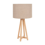 Whitby Wood Tapered 4 Post Table Lamp Base, 49cm, with natural wood four-leg tripod-style stand and beige linen drum shade, shown on a plain white background.