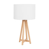 Whitby Wood Tapered 4 Post Table Lamp Base in natural wood with a four-legged tripod-style frame and white drum shade, shown on a plain white background.