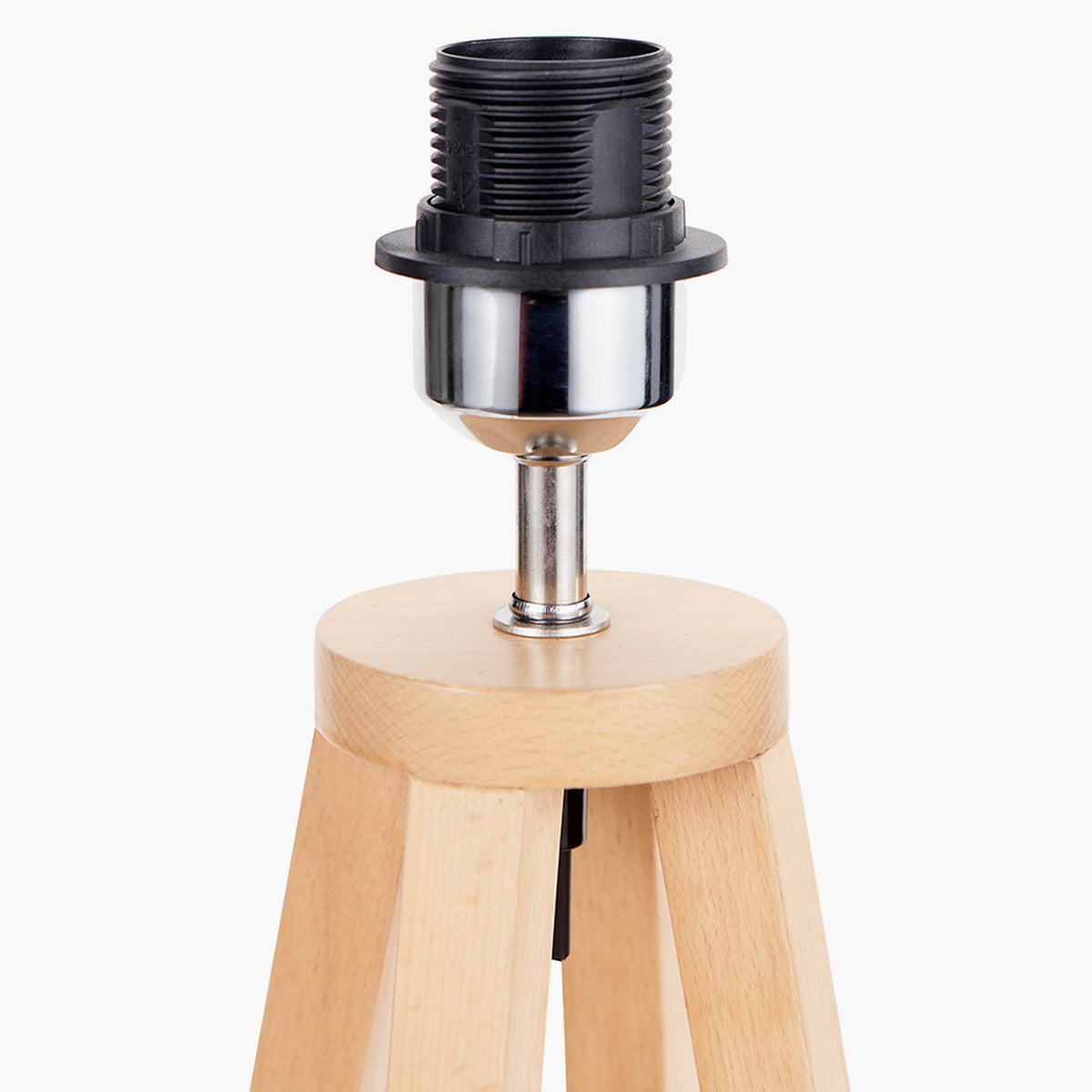 Whitby Wood Tapered 4 Post Table Lamp Base in natural wood, showing the tripod leg top with chrome bulb holder fitting, on a plain white background.