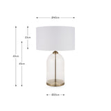 Cloche Clear Glass & Antique Brass Table Lamp, 60cm tall with a cylindrical clear glass base and white drum shade, shown with dimension guides on a white background.