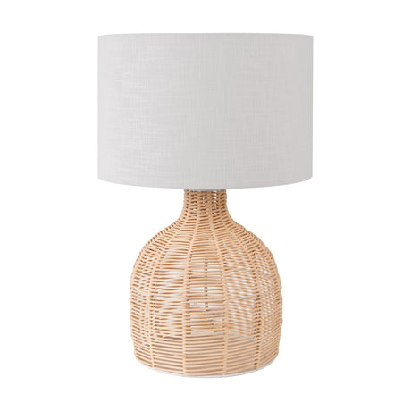 Caswell Rattan Cloche Table Lamp, 47cm, with a woven natural rattan cloche-shaped base and a white linen drum shade, shown on a plain white background.