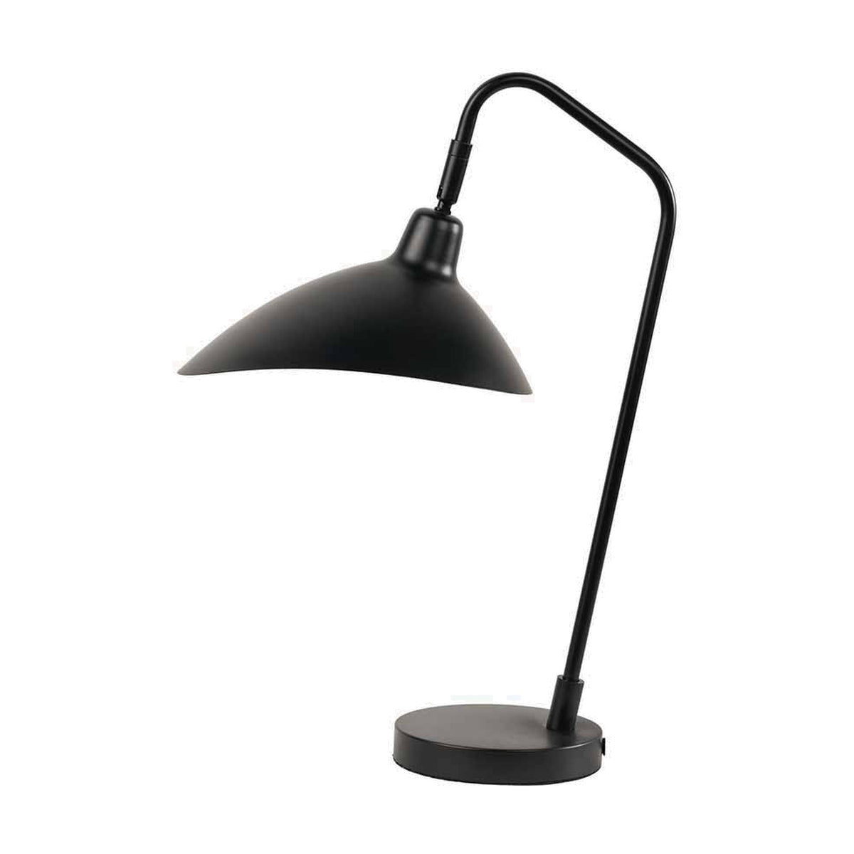 Toulon Black Iron Task Table Lamp, 50cm, with an angled arm, curved fan-shaped shade and round metal base, shown on a plain white background.