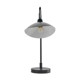 Toulon Black Iron Task Table Lamp, 50cm, with a round dish-shaped shade on a slender stem and circular base, shown lit against a plain white background.