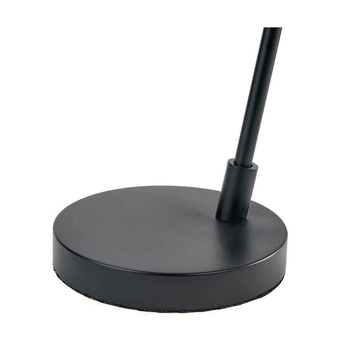 Close-up of the Toulon Black Iron Task Table Lamp's round weighted base and slim metal stem, matte black finish, on a plain white background.