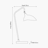 Line drawing of the Toulon Black Iron Task Table Lamp showing a curved arm, angled shade and rectangular base, with height 50cm, depth 39cm and width 22cm labelled.