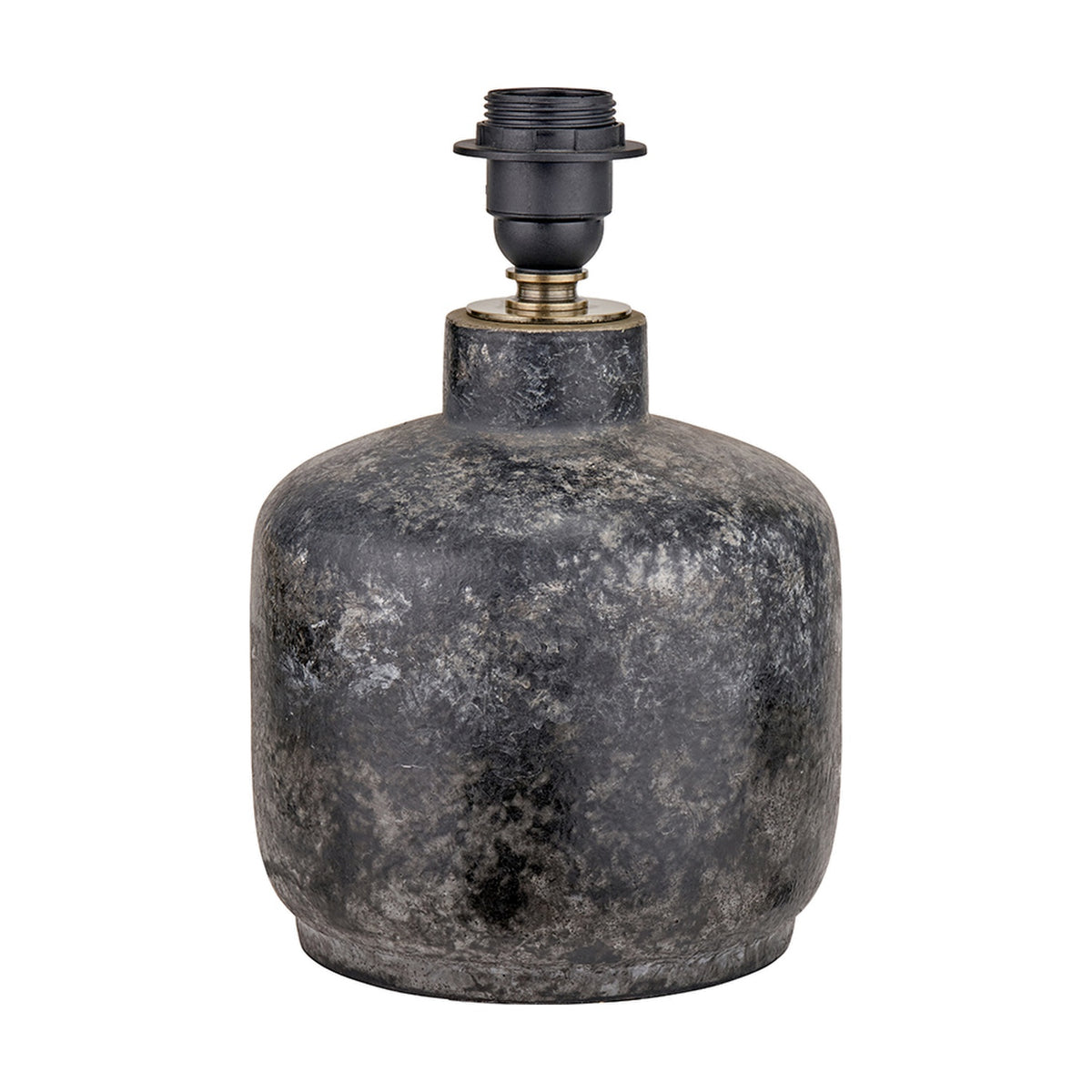 Vulcan Textured Volcanic Effect Grey Small Stoneware Table Lamp Base with rounded ceramic body and black bulb holder, shown on a plain white background.