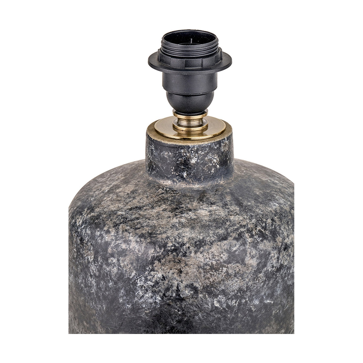 Close-up of the Vulcan textured volcanic effect grey stoneware table lamp base, showing a black E14 lamp holder with brass fitting atop a mottled grey ceramic body.