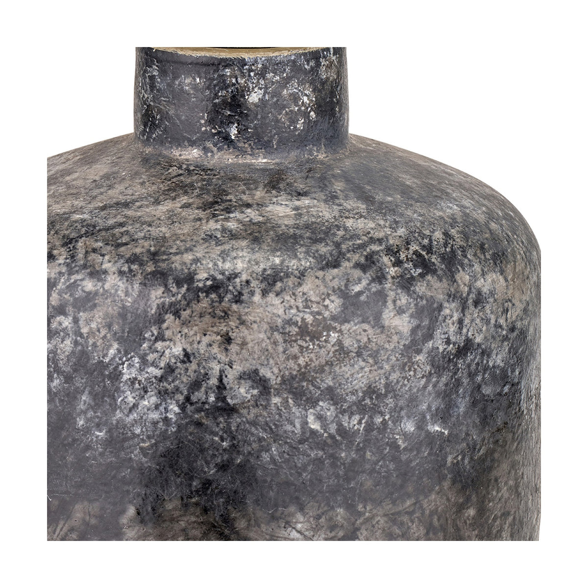Close-up of the Vulcan Textured Volcanic Effect table lamp base in grey stoneware, showing its mottled, ridged surface and cylindrical neck against a white background.