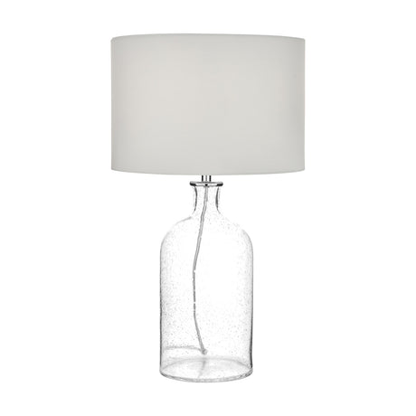 Bellamy Clear Bubble Glass Table Lamp, 53cm, with a seeded glass base, chrome fitting and white drum shade, shown on a plain white background.