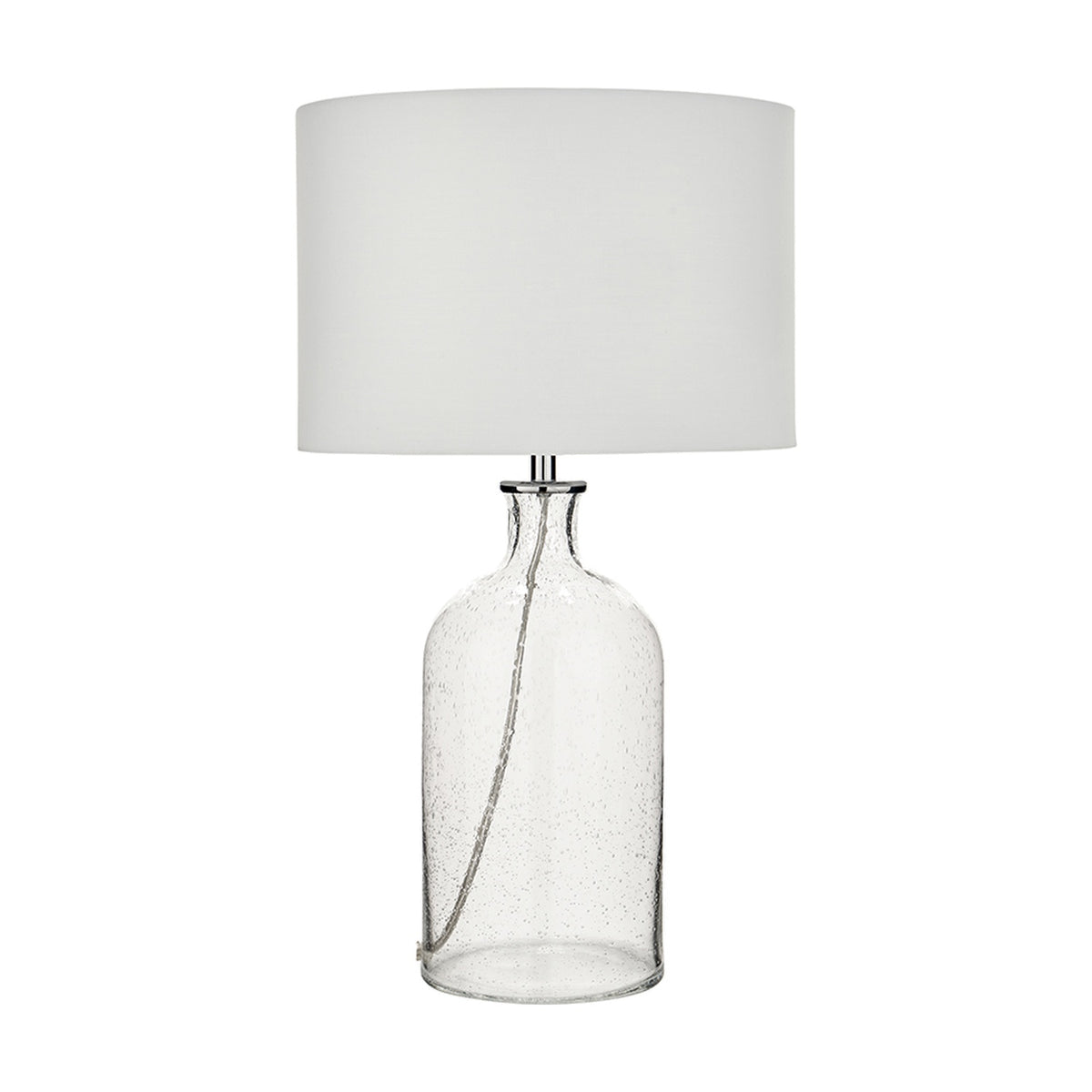 Bellamy Clear Bubble Glass Table Lamp, 53cm, with a bubbled glass jar-style base, chrome fittings, and a white drum shade on a plain white background.