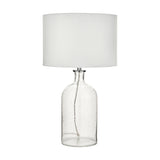 Bellamy Clear Bubble Glass Table Lamp, 53cm, with a bubbled glass base, chrome fittings, and a white drum fabric shade, shown on a plain white background.