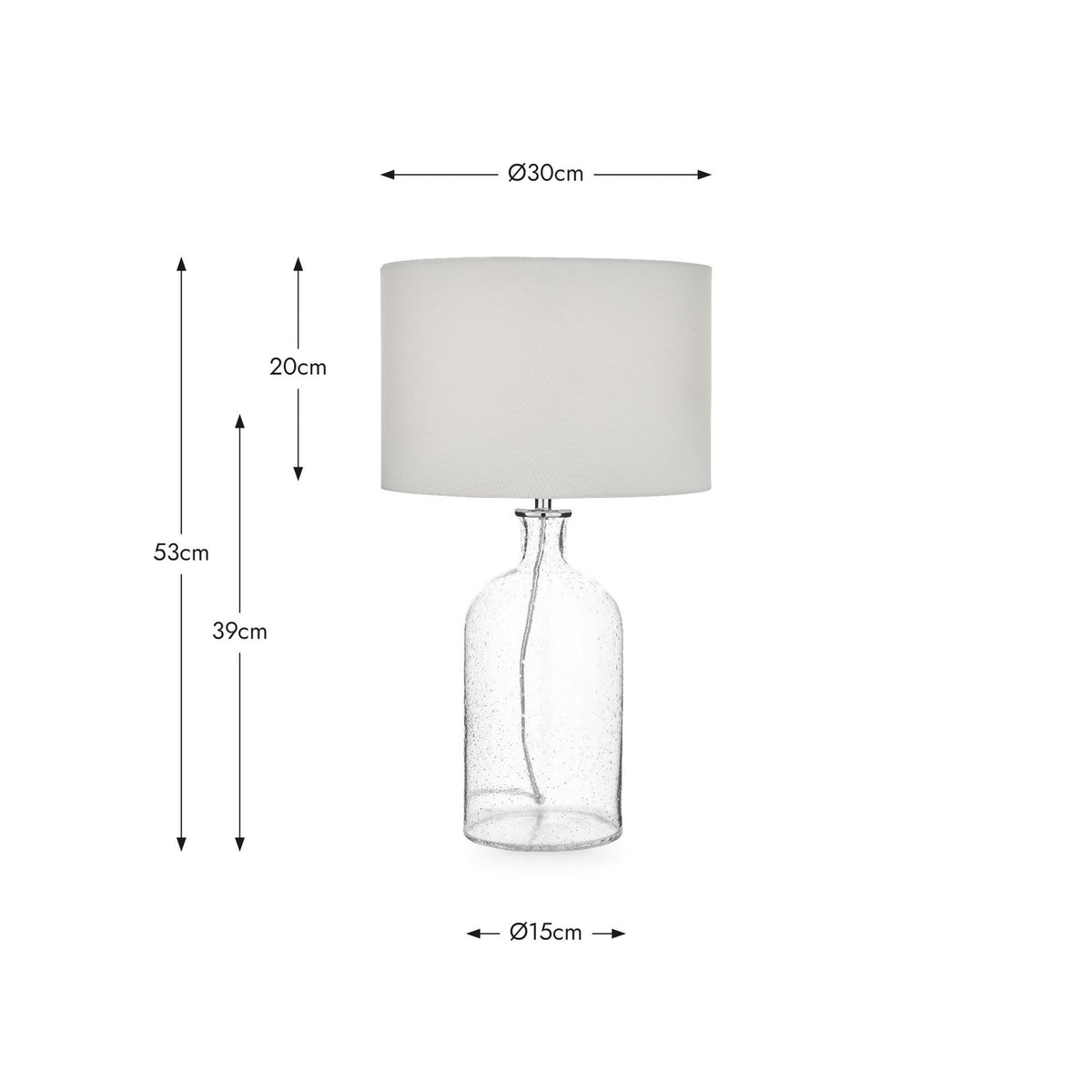 Bellamy Clear Bubble Glass Table Lamp, 53cm tall with a white drum shade, shown with dimension labels (Ø30cm shade, Ø15cm base) on a plain white background.