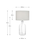Bellamy Clear Bubble Glass Table Lamp, 53cm tall with a white drum shade, shown with dimension labels (Ø30cm shade, Ø15cm base) on a plain white background.