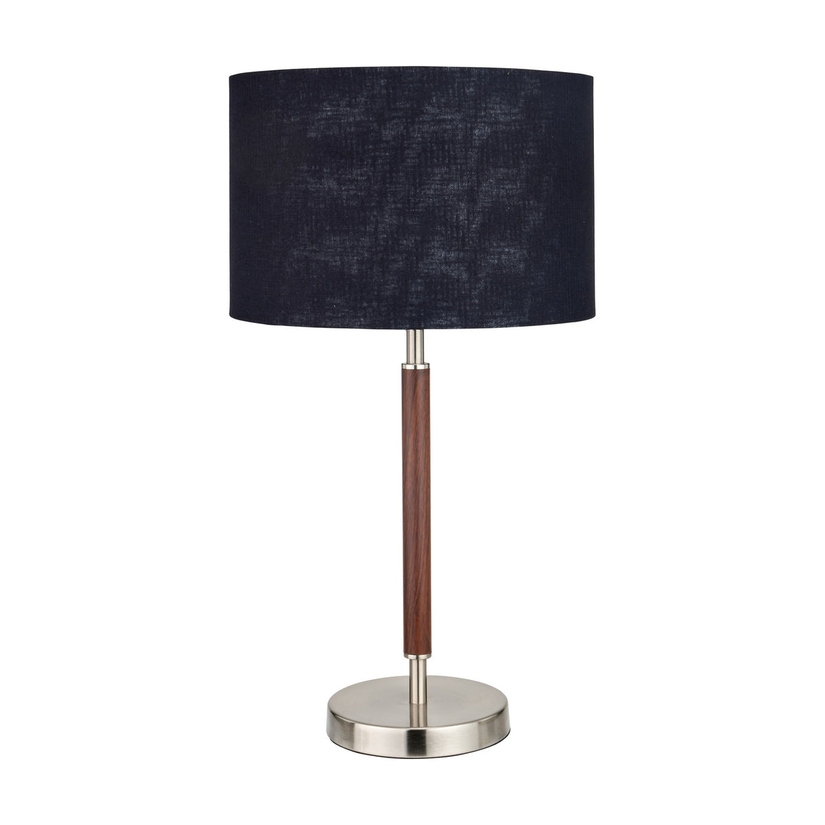 Gianni table lamp, 57cm, with a brushed silver metal base and wood-effect stem, paired with a navy fabric drum shade, on a plain white background.