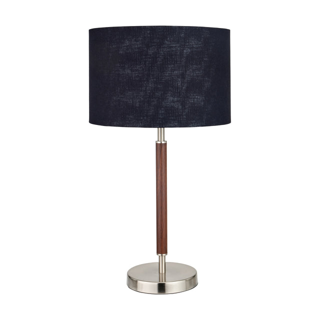 Gianni table lamp, 57cm, with a brushed silver metal base and wood-effect stem, paired with a navy fabric drum shade, on a plain white background.