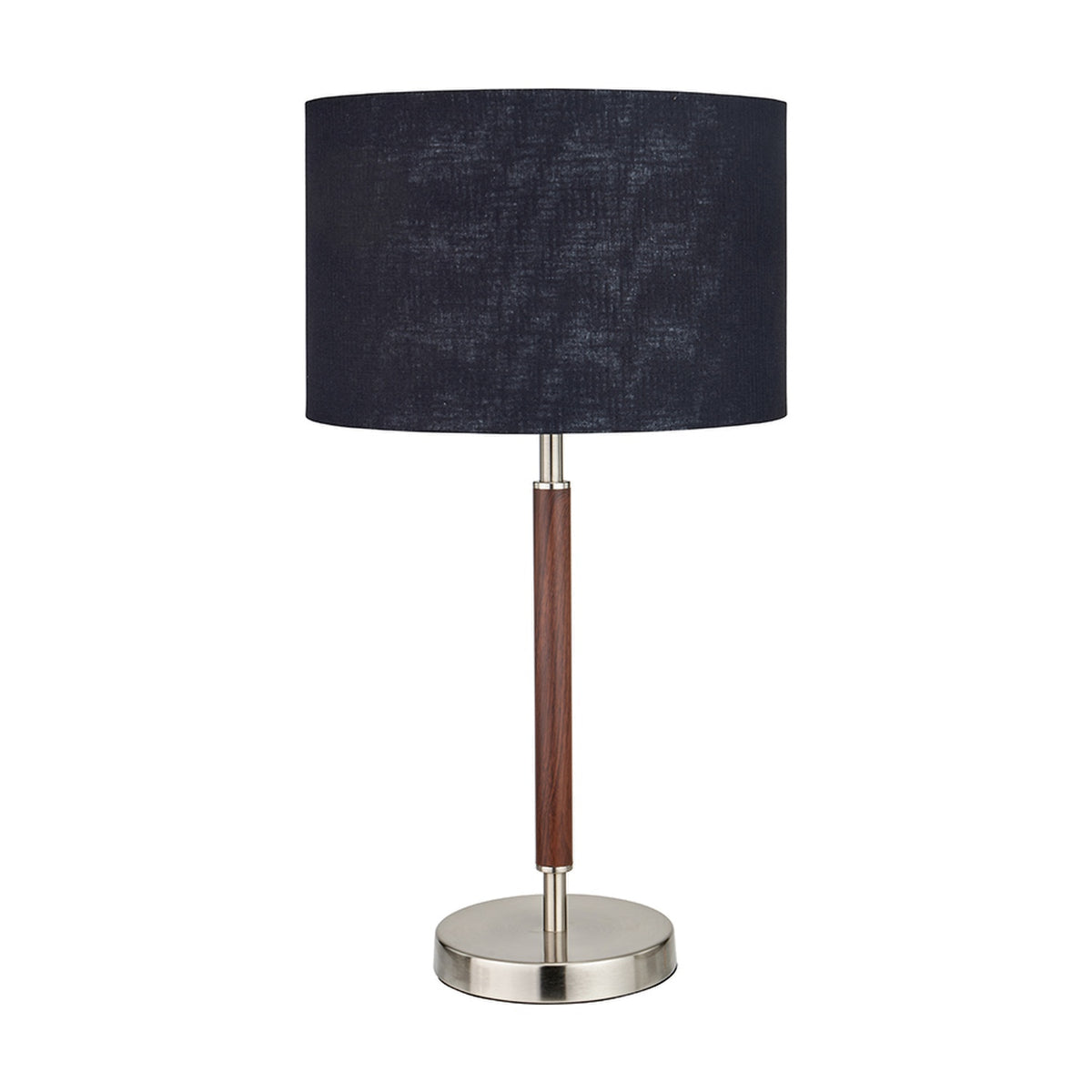 Gianni Table Lamp, 57cm, with a brushed silver base and dark wood-effect stem, topped with a black textured drum shade, on a plain white background.