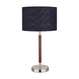 Gianni Table Lamp, 57cm, with a brushed silver base and dark wood-effect stem, topped with a black textured drum shade, on a plain white background.