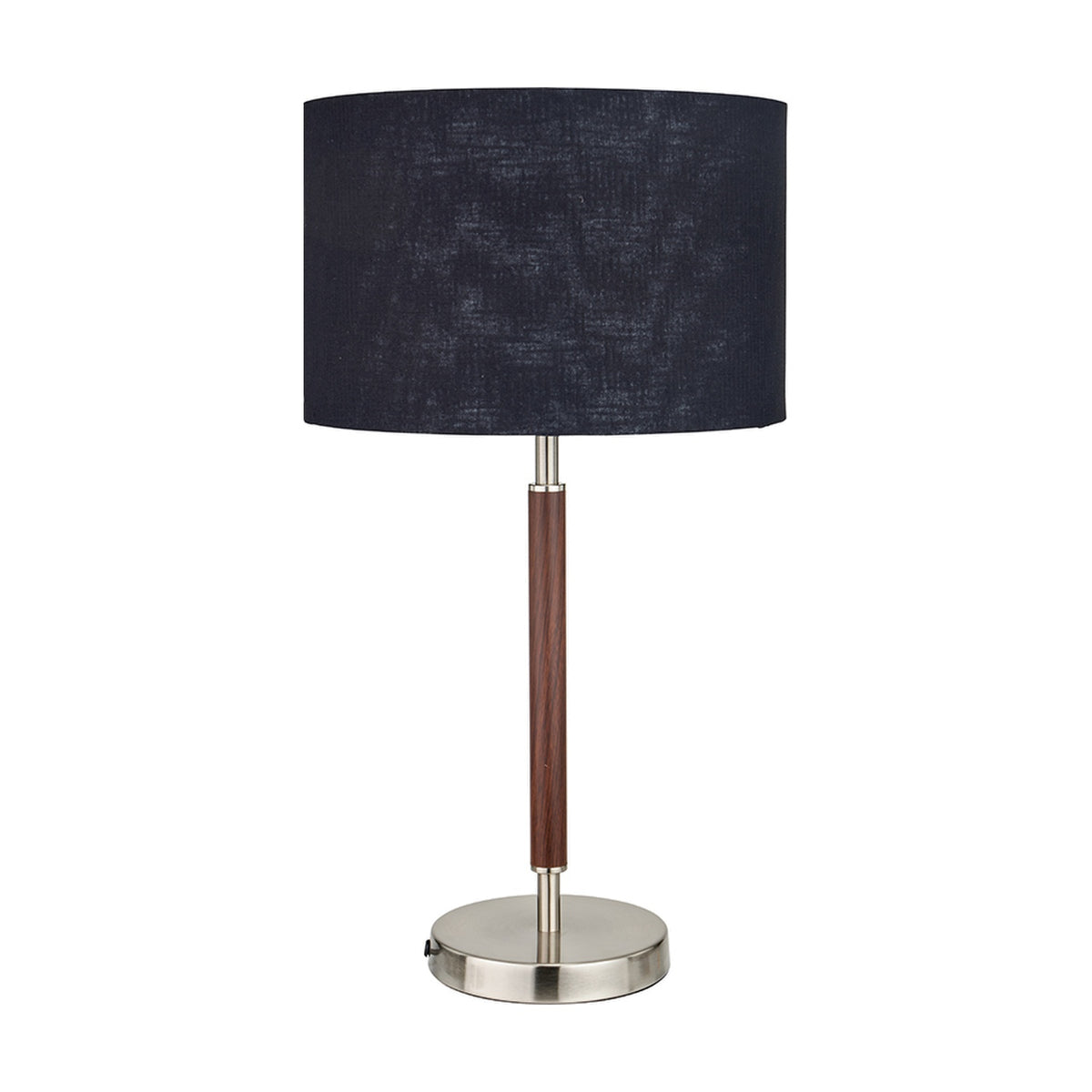 Gianni table lamp, 57cm, with a brushed silver finish base and dark wood-effect stem, topped with a navy fabric drum shade, shown on a plain white background.